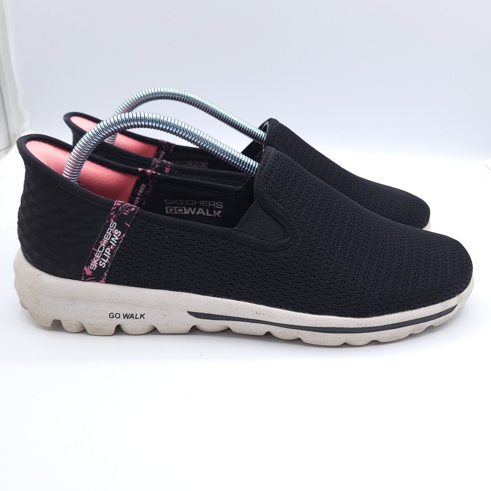 Skechers Go Walk Slip Ins Shoes Womens Sz 10 Black Pink Mesh Stretch Fit Loafers